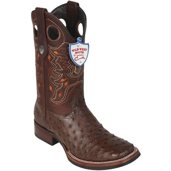 Wild West Boots #28250307 Men's | Color Brown | Men's Wild West Full Quill Ostrich Boots With Rubber Sole Wide Square Toe Handcrafted