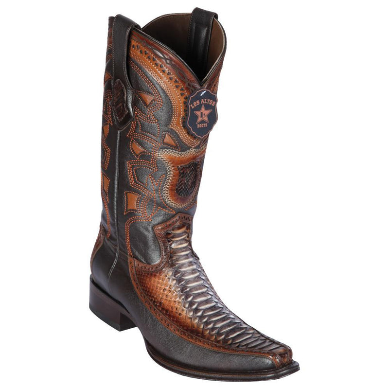 Los Altos Boots Mens #76F5788 European Square Toe | Genuine Python and Deer Boots | Color Rustic Cognac