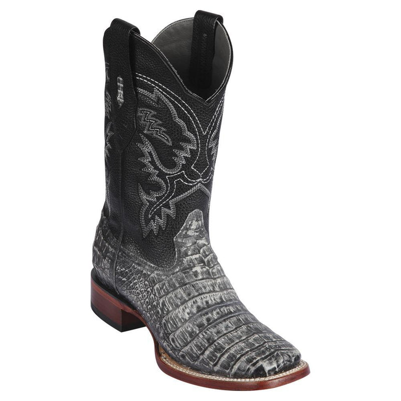 Los Altos Boots Mens #8228281 Wide Square Toe | Genuine Caiman Belly Leather Boots | Color Sahara Rustic Black