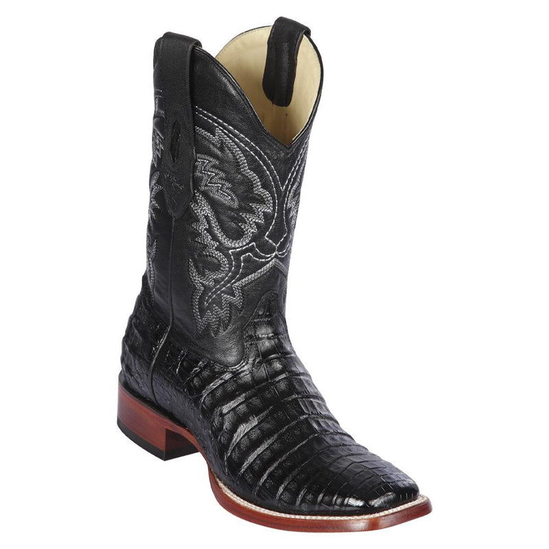 Los Altos Boots Mens #8228205 Wide Square Toe | Genuine Caiman Belly Leather Boots | Color Black
