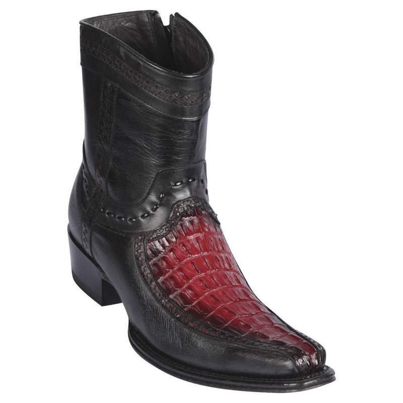 Los Altos Boots Mens #76BF0143 Low Shaft European Square Toe | Genuine Caiman Tail and Deer Boots | Color Faded Burgundy