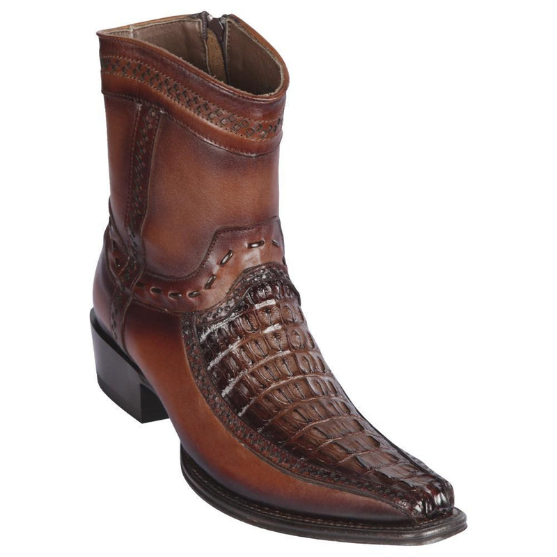 Los Altos Boots Mens #76BF0116 Low Shaft European Square Toe | Genuine Caiman Tail and Deer Boots | Color Faded Brown