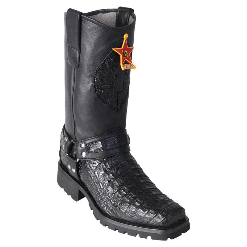 Los Altos Boots Mens #55T1705 Biker Boot | Genuine Smooth Caiman Leather Boots | Color Black