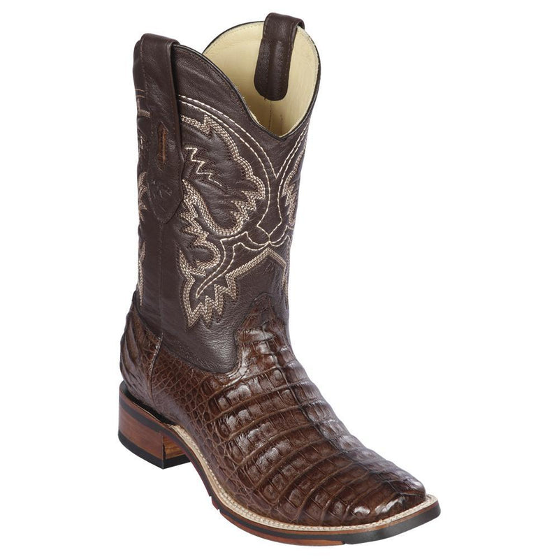 Los Altos Boots Mens #8268207 Wide Square Toe | Genuine Caiman Belly Leather Boots | Color Brown