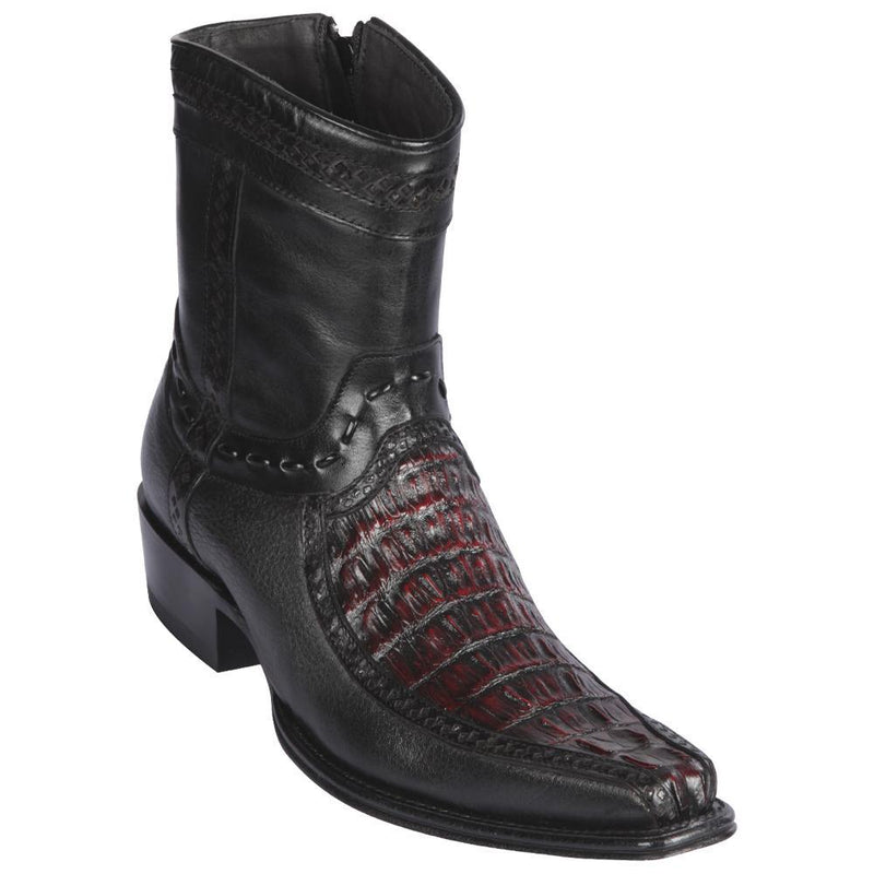 Los Altos Boots Mens #76BF0118 Low Shaft European Square Toe | Genuine Caiman Tail and Deer Boots | Color Black Cherry