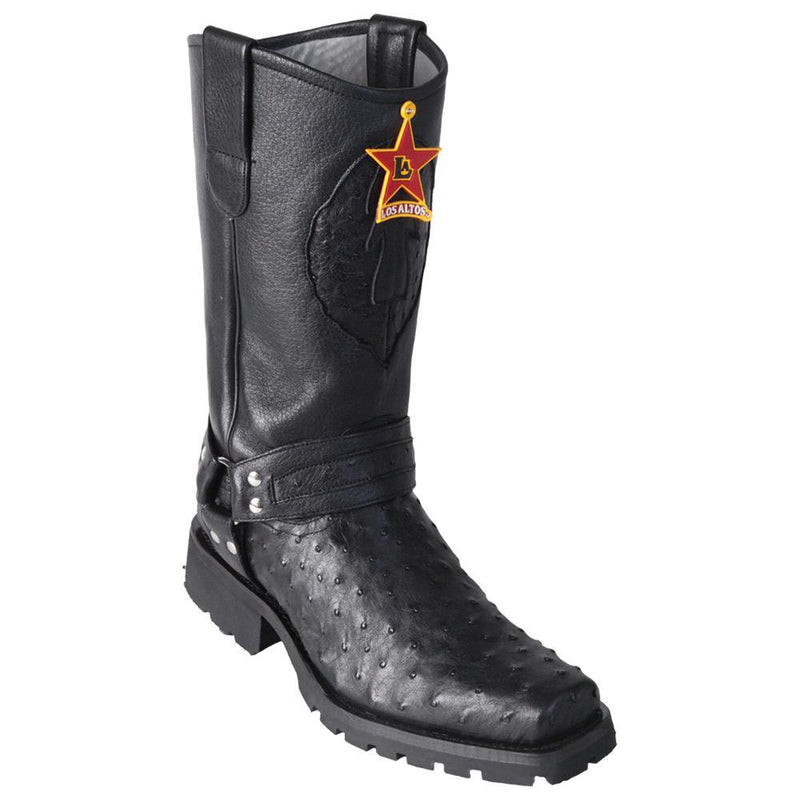 Los Altos Boots Mens #55T0305 Biker Boot | Genuine Full Quill Ostrich Leather Boots | Color Black