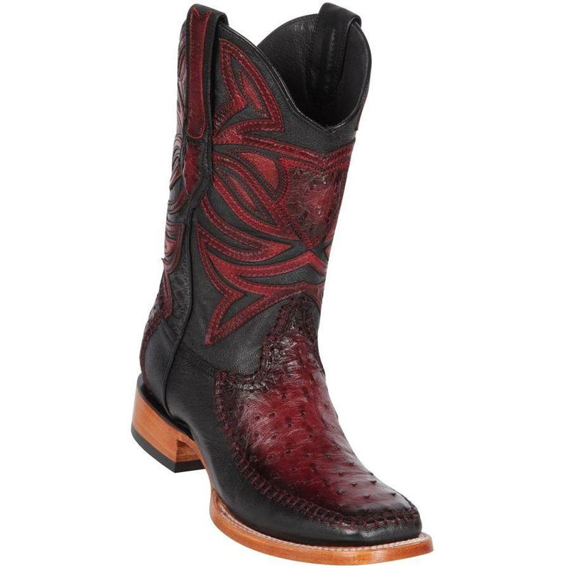 Los Altos Boots Mens #82F0343 Wide Square Toe | Genuine Ostrich & Deer Skin Boots | Color Faded Burgundy