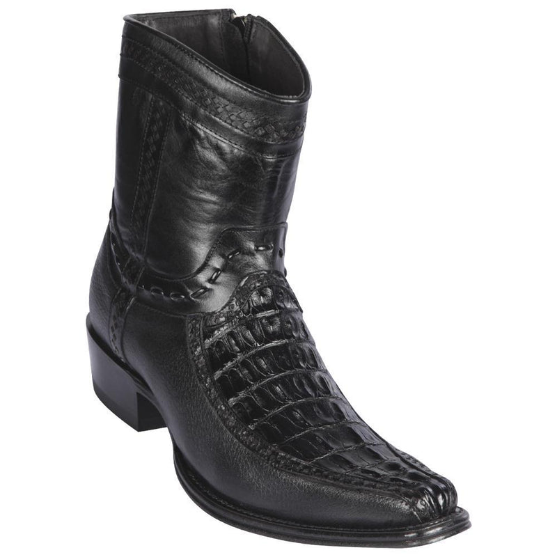 Los Altos Boots Mens #76BF0105 Low Shaft European Square Toe | Genuine Caiman Tail and Deer Boots | Color Black