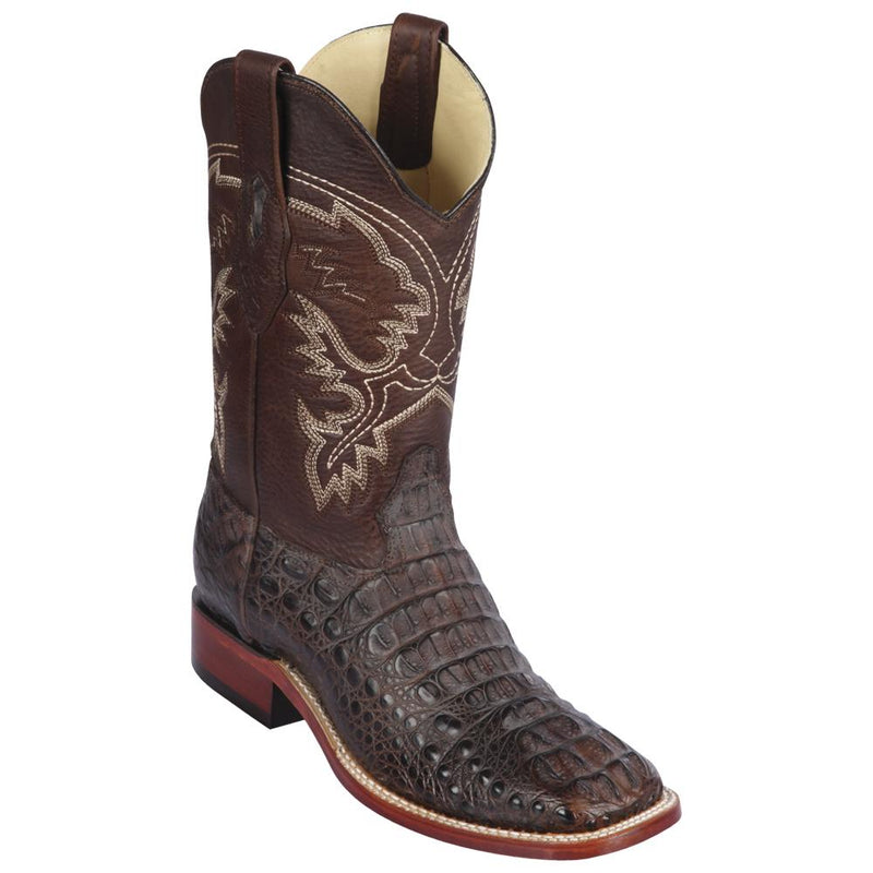 Los Altos Boots Mens #822G0207 Wide Square Toe | Genuine Caiman Hornback Leather Boots | Color Brown | Greasy Finish