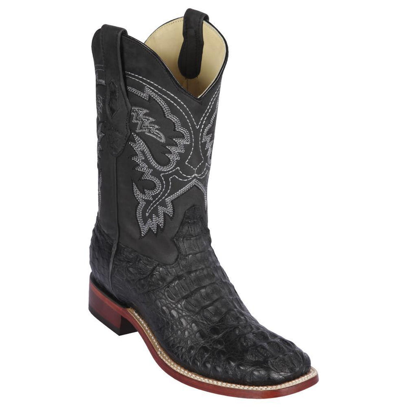Los Altos Boots Mens #822G0205 Wide Square Toe | Genuine Caiman Hornback Leather Boots | Color Black | Greasy Finish