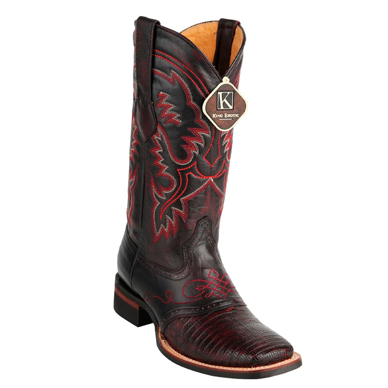 Men's King Exotic Teju Lizard Square Toe Boots With Saddle Handmade Black Cherry (48230718)