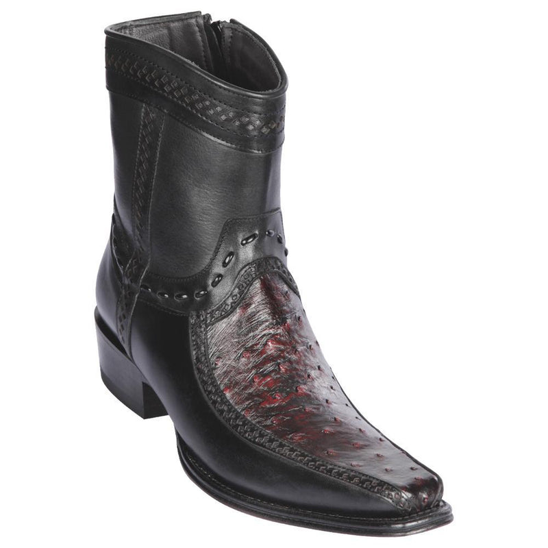 Los Altos Boots Mens #76BF0318 Low Shaft European Square Toe | Genuine Ostrich And Deer Boots | Color Black Cherry
