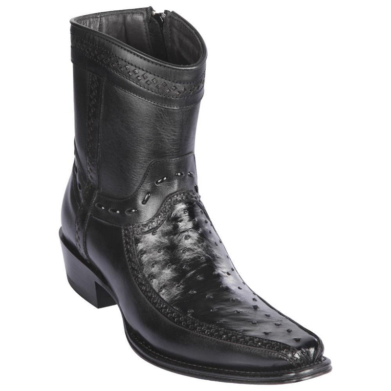 Los Altos Boots Mens #76BF0305 Low Shaft European Square Toe | Genuine Ostrich And Deer Boots | Color Black