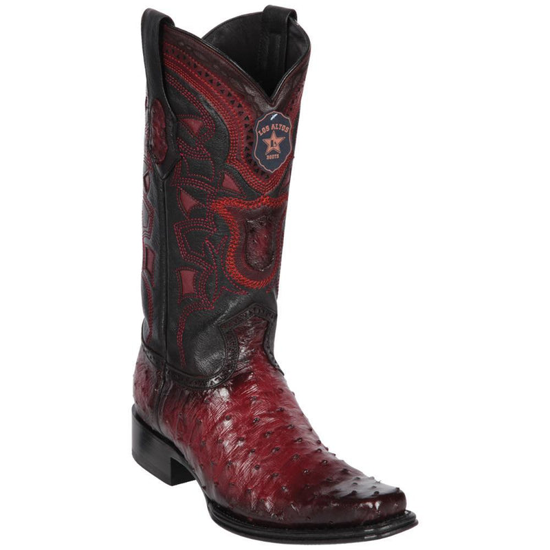 Los Altos Boots Mens #760343 European Square Toe | Genuine Full Quill Ostrich Boots | Color Faded Burgundy