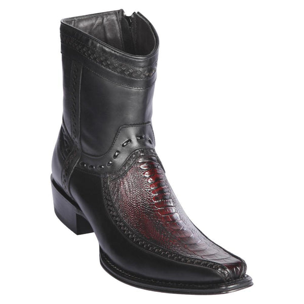 Los Altos Boots Mens #76BF0518 Low Shaft European Square Toe | Genuine Ostrich Leg And Deer Boots | Color Black Cherry