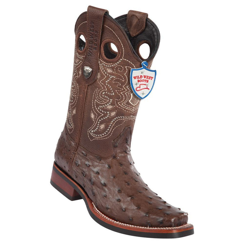 West Boots #28190307 Men's | Color Brown  | Men’s Wild West Full Quill Ostrich Square Toe Rubber Sole Boots