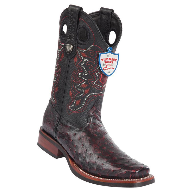 West Boots #28190318 Men's | Color Black Cherry | Men’s Wild West Full Quill Ostrich Square Toe Rubber Sole Boots