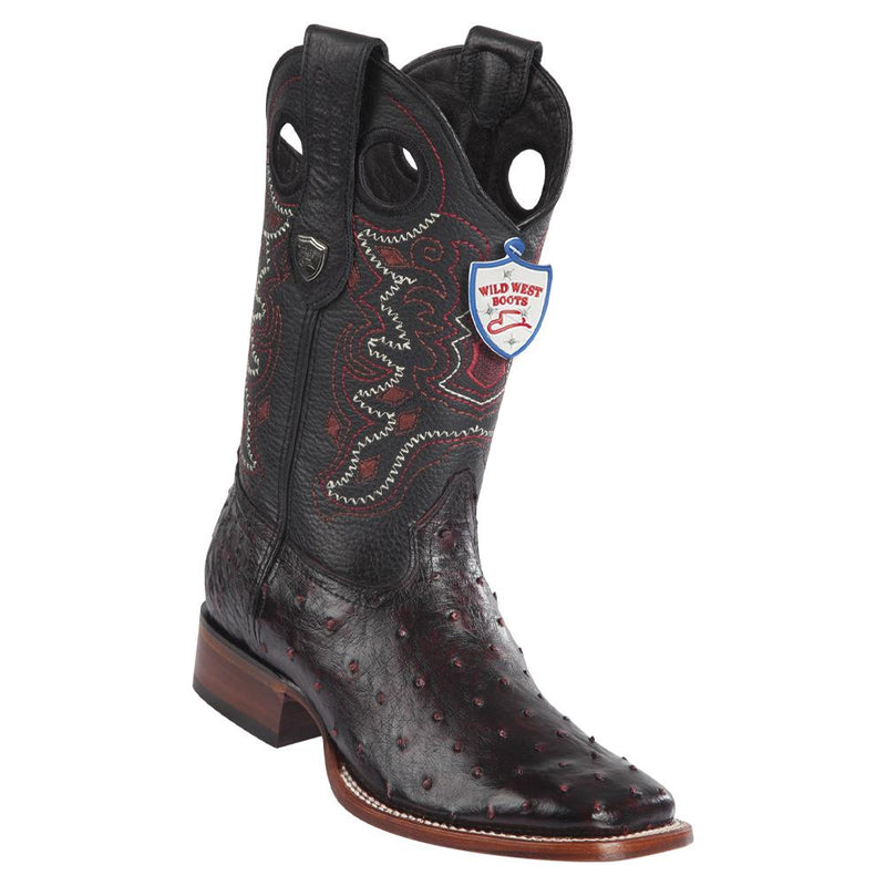 Wild West Boots #28240318 Men's | Color Black Cherry | Men's Wild West Full Quill Ostrich Boots Wide Square Toe Handmade