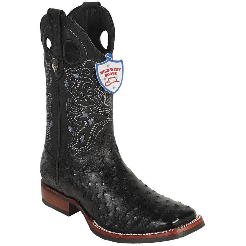 Wild West Boots #28250305 Men's | Color Black | Men's Wild West Full Quill Ostrich Boots With Rubber Sole Wide Square Toe Handcrafted