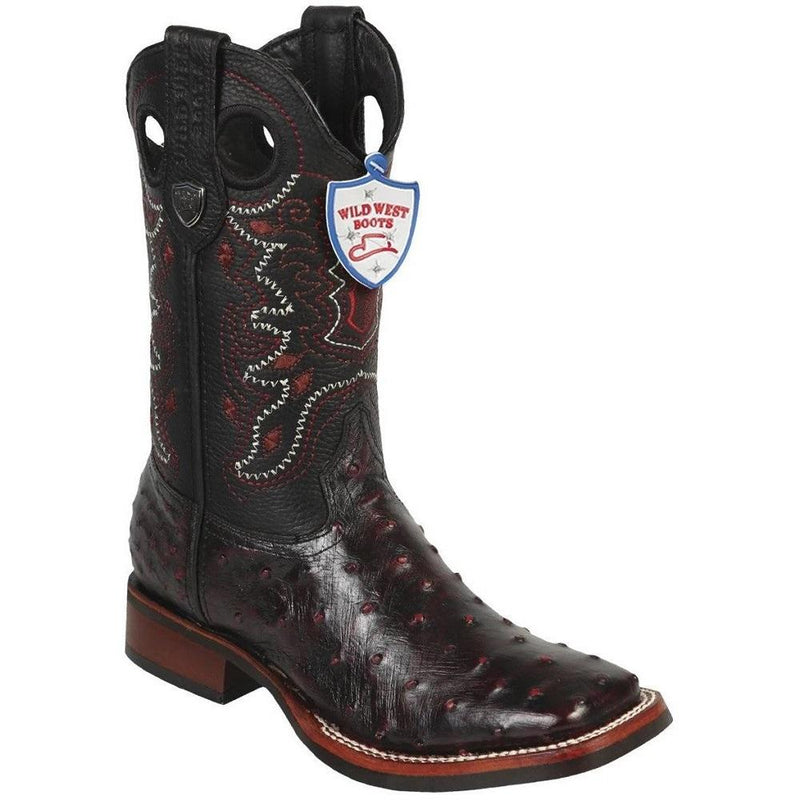 Wild West Boots #28250318 Men's | Color Black Cherry | Men's Wild West Full Quill Ostrich Boots With Rubber Sole Wide Square Toe Handcrafted