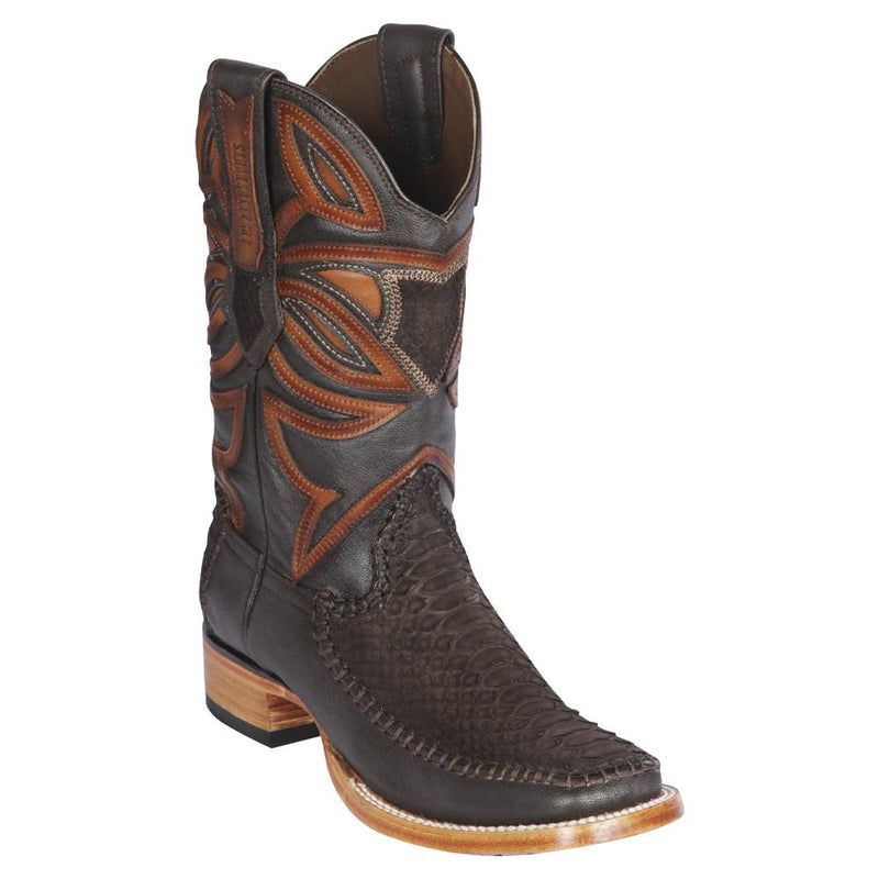 Los Altos Boots Mens #82FN5707 Wide Square Toe | Genuine Python & Deer Skin Boots | Color Brown Suede Finish