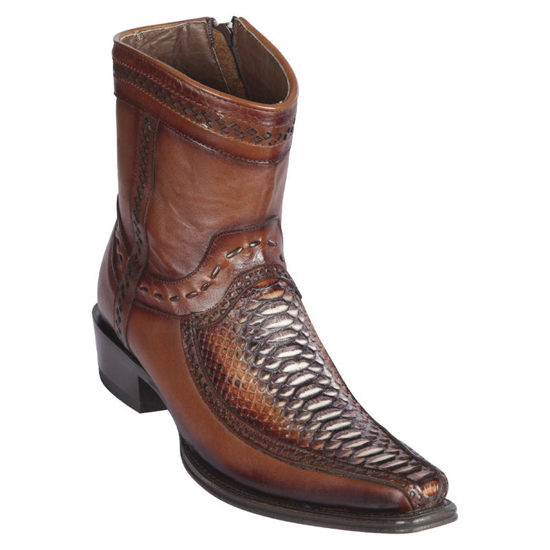 Los Altos Boots Mens #76BF5788 Low Shaft European Square Toe | Genuine Python And Deer Boots | Color Rustic Cognac
