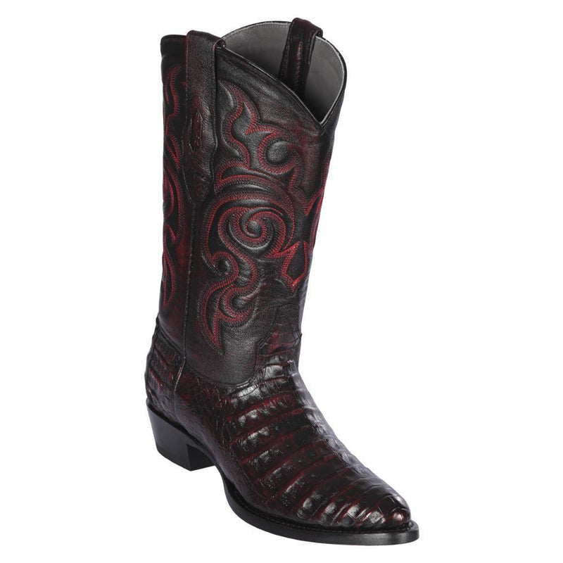 Los Altos Boots Mens #658218 Round Toe | Genuine Caiman Belly Boots Handcrafted | Color Black Cherry