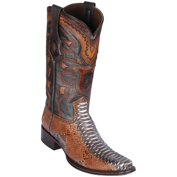Los Altos Boots Mens #765788 European Square Toe | Genuine Python Leather Boots | Color Rustic Cognac