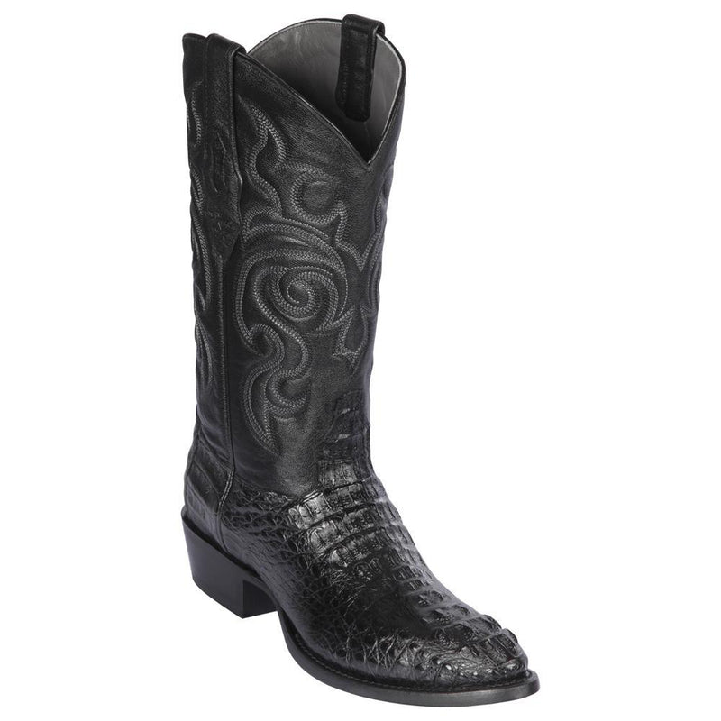 Los Altos Boots Mens #650205 Round Toe | Genuine Caiman Hornback Boots Handcrafted | Color Black