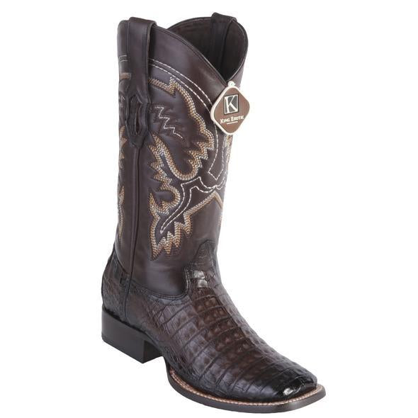 Men's King Exotic Wide Square Toe Caiman Belly Boots Handcrafted Burnished Brown  (48228216)