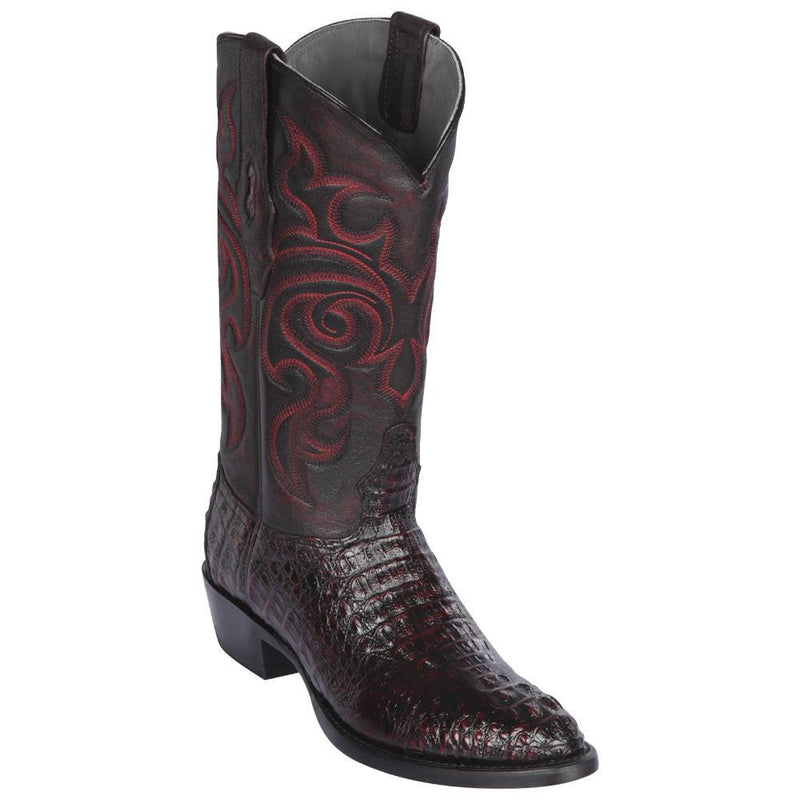 Los Altos Boots Mens #650218 Round Toe | Genuine Caiman Hornback Boots Handcrafted | Color Black Cherry