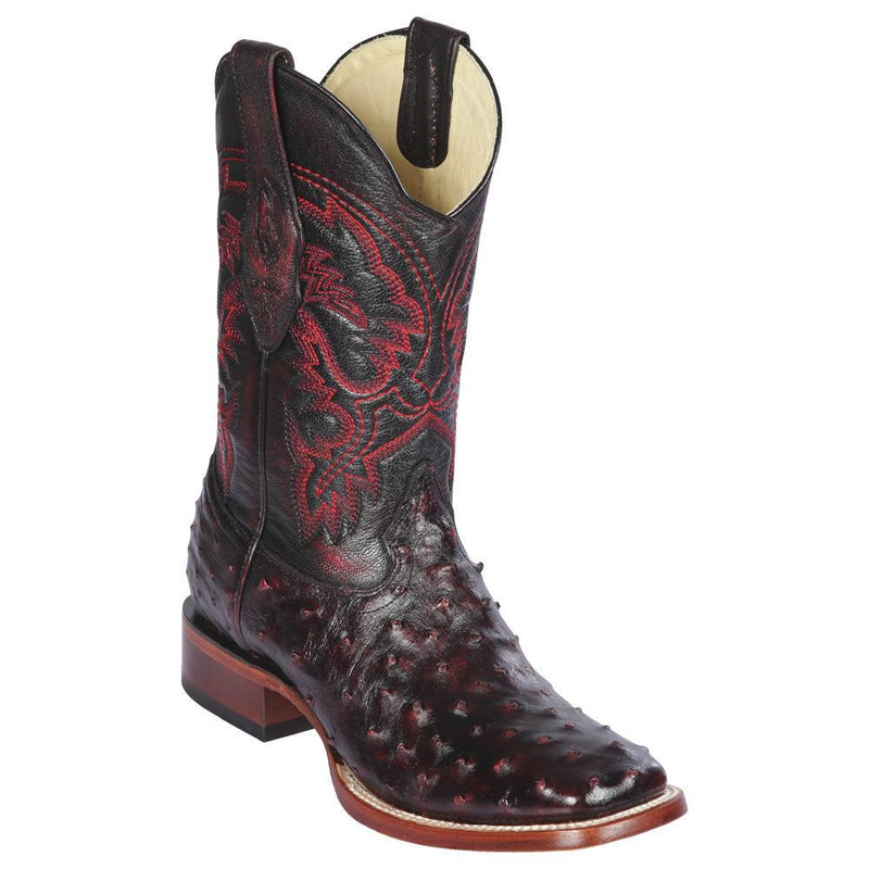 Los Altos Boots Mens #8220318 Wide Square Toe | Genuine Full Quill Ostrich Leather Boots | Color Black Cherry