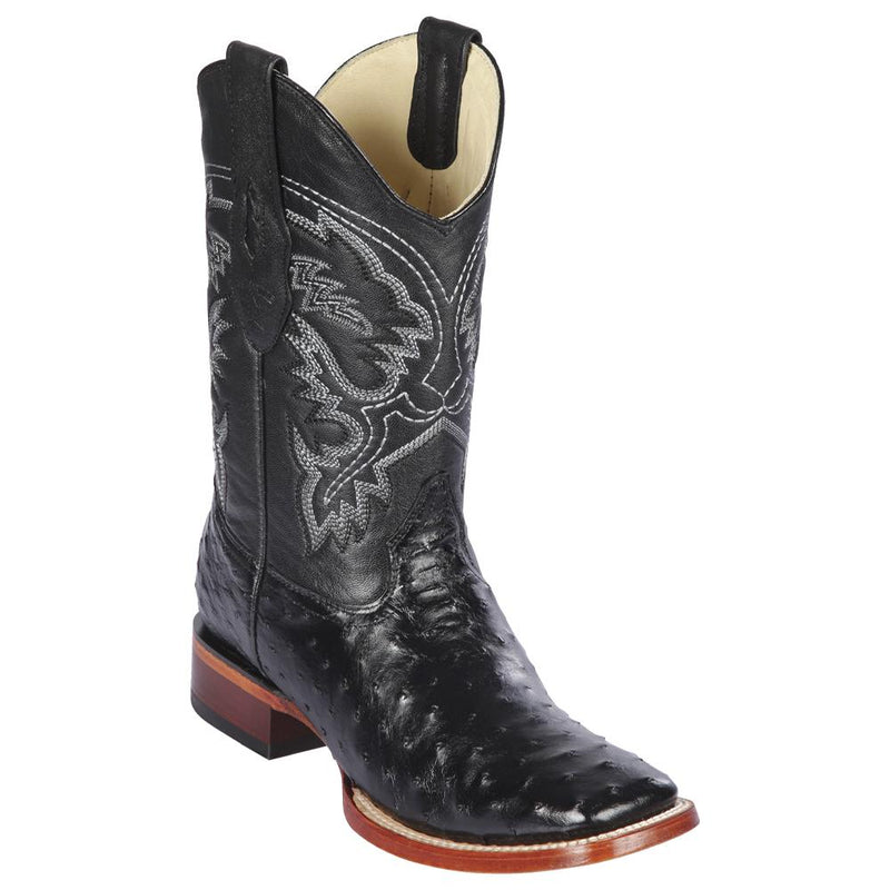 Los Altos Boots Mens #8220305 Wide Square Toe | Genuine Full Quill Ostrich Leather Boots | Color Black