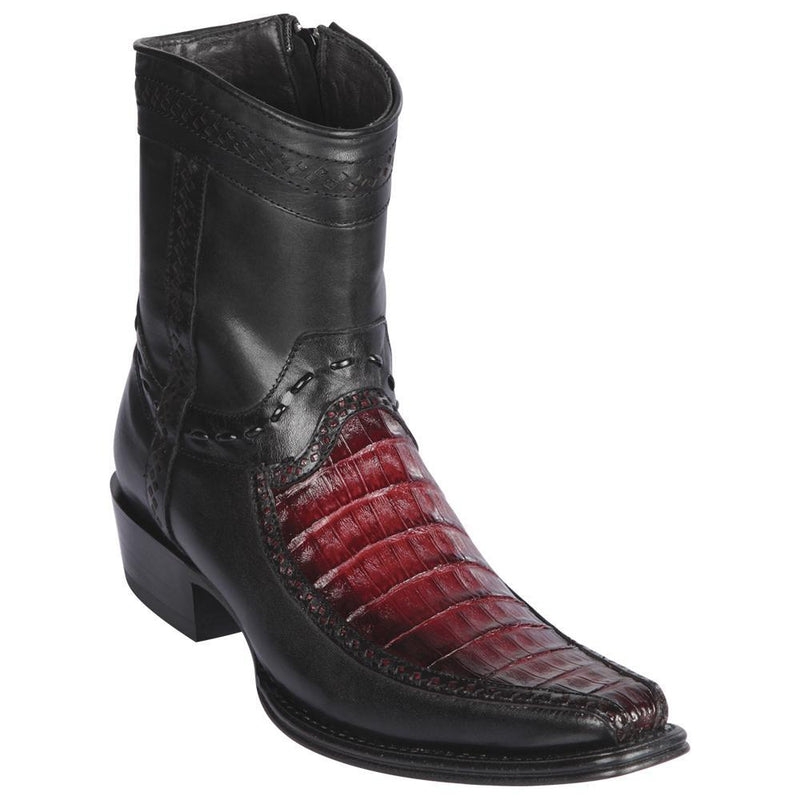 Los Altos Boots Mens #76BF8243 Low Shaft European Square Toe | Genuine Caiman Belly and Deer Leather Boots | Color Faded Burgundy
