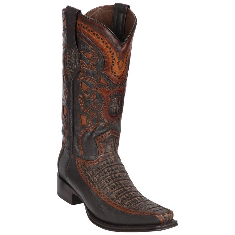 Los Altos Boots Mens #76F8235 European Square Toe | Genuine Caiman Belly With Deer Sides Boots | Color Sanded Brown