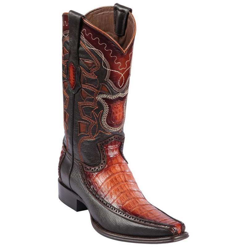 Los Altos Boots Mens #76F8257 European Square Toe | Genuine Caiman Belly With Deer Sides Boots | Color Faded Cognac