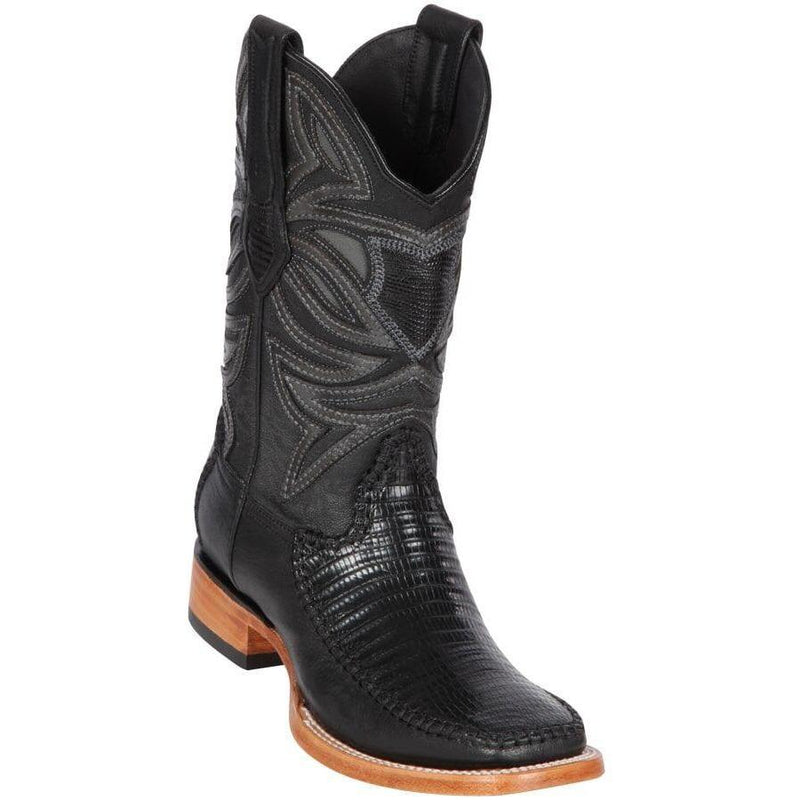 Los Altos Boots Mens #82F0705 Wide Square Toe | Genuine Teju & Deer Skin Boots | Color Black
