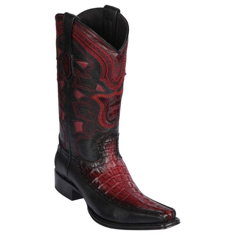 Los Altos Boots Mens #76F0143 European Square Toe | Genuine Caiman Tail and Deer Boots | Color Faded Burgundy