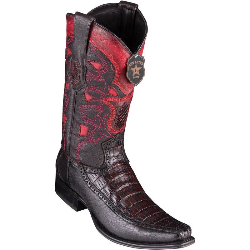 Los Altos Boots Mens #76F8218 European Square Toe | Genuine Caiman Belly With Deer Sides Boots | Color Black Cherry