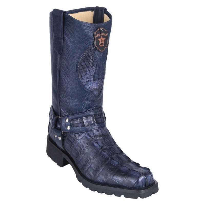 Los Altos Boots Mens #55T0110 Biker Boot | Genuine Caiman Tail Leather Boots | Color Navy Blue