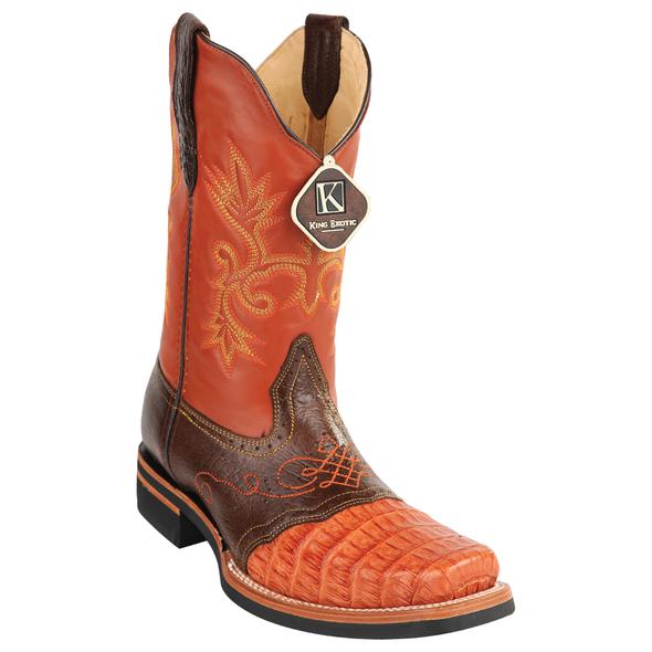 Men's King Exotic Caiman Square Toe Boots Rubber Sole & Saddle Vamp Cognac  (48168203)