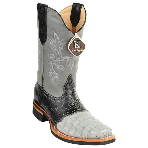 Men's King Exotic Caiman Square Toe Boots Rubber Sole & Saddle Vamp Gray (48168209)