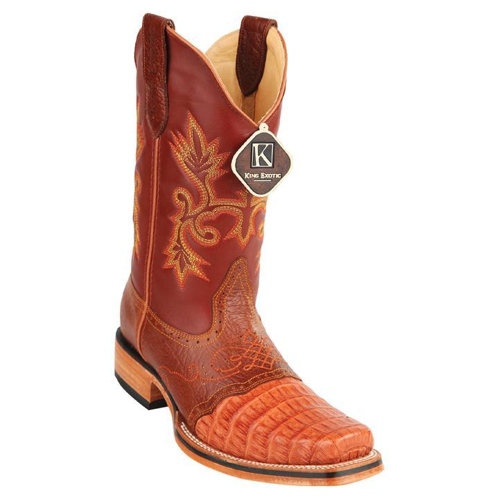 Men's King Exotic Caiman Belly Square Toe Boots Handcrafted Cognac  (48178203)