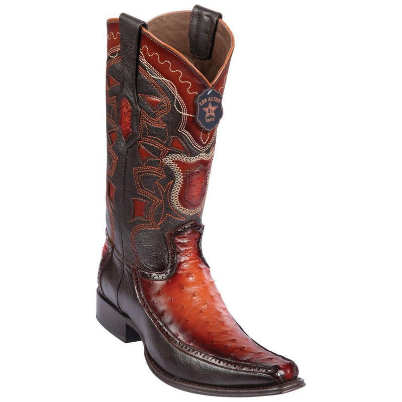 Los Altos Boots Mens #76F0357 European Square Toe | Genuine Full Quill Ostrich With Deer Sides Boots | Color Faded Cognac