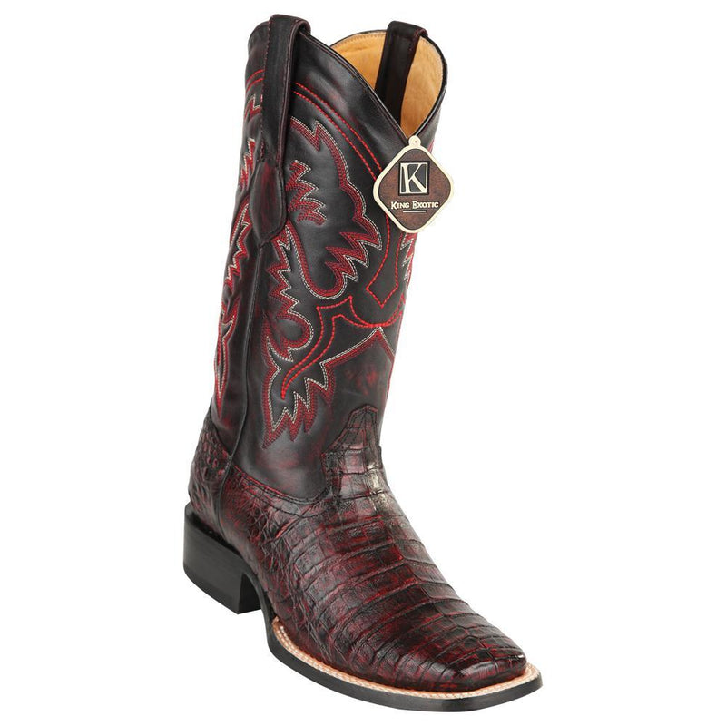 Men's King Exotic Wide Square Toe Caiman Belly Boots Handcrafted Black Cherry (48228218-2)