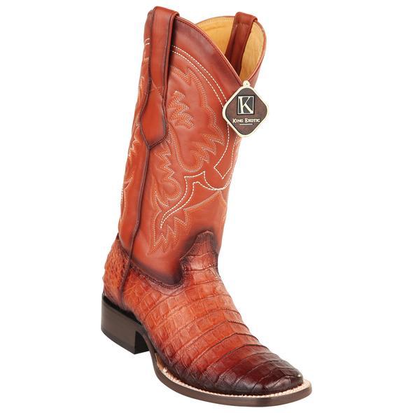 Men's King Exotic Caiman Crepe Sole Square Toe Boots With Saddle Burnished Cognac (48228257)