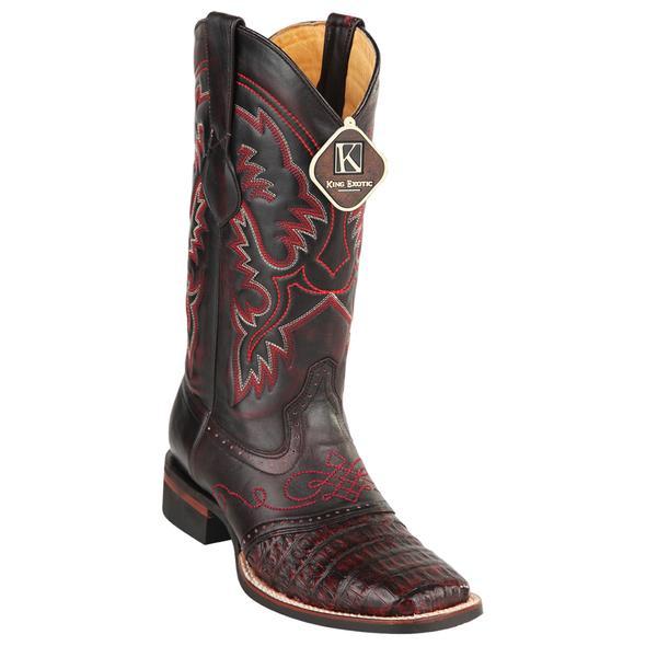 Men's King Exotic Caiman Crepe Sole Square Toe Boots With Saddle Black Cherry (48238218)
