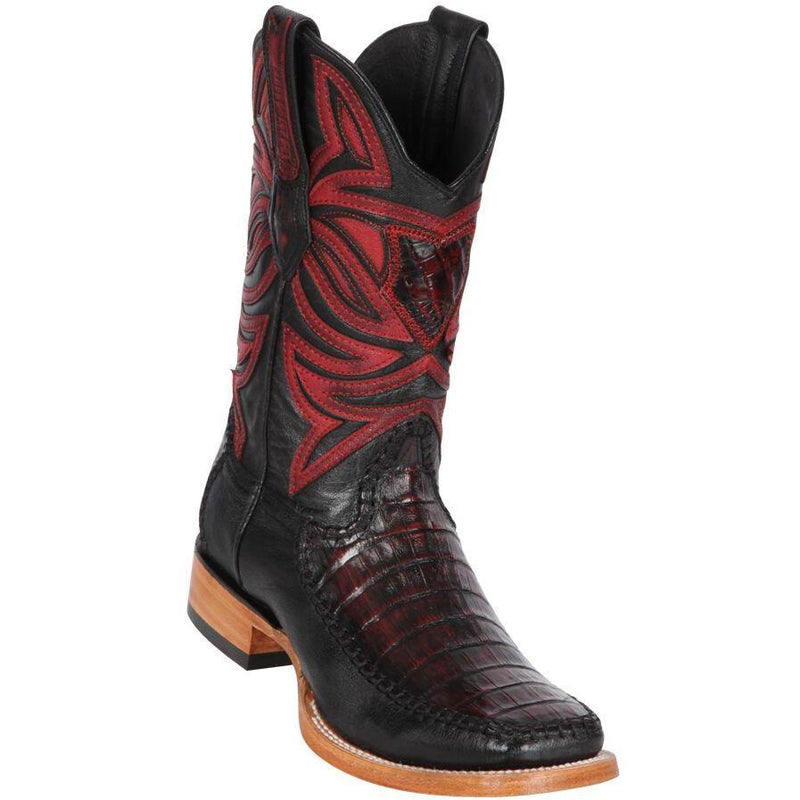 Los Altos Boots Mens #82F8218 Wide Square Toe | Genuine Caiman Belly & Deer Boots | Color Black Cherry