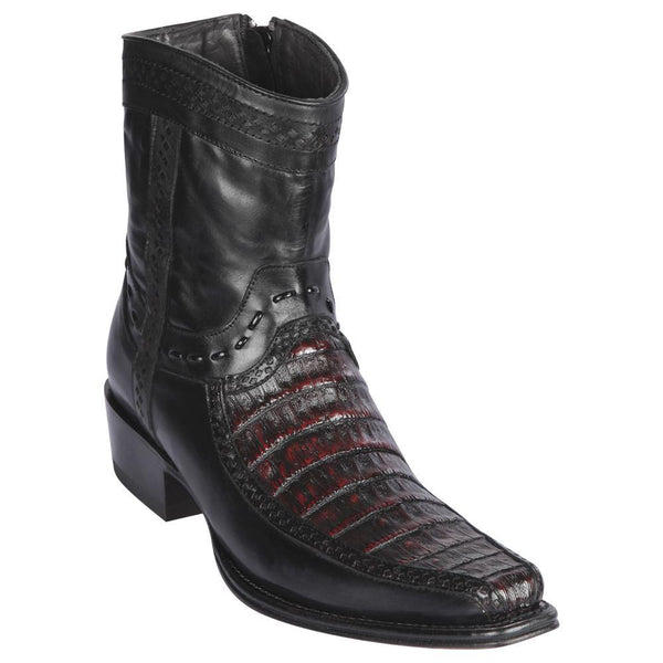 Los Altos Boots Mens #76BF8218 Low Shaft European Square Toe | Genuine Caiman Belly and Deer Leather Boots | Color Black Cherry