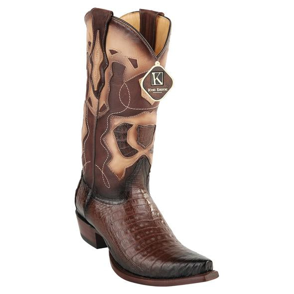 Men's King Exotic Snip Toe Caiman Belly Boots Handcrafted Burnished Brown (494RD8216)
